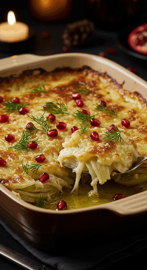 A beautiful, rustic baking dish of homemade, easy, and elegant Roasted Fennel with Parmesan, with a golden-brown, bubbly crust and a tender, layered interior.