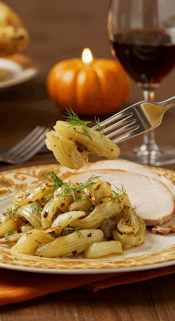 A beautiful plate of a homemade, elegant, and golden-brown Roasted Fennel with Parmesan, being served with a thick slice of a roasted turkey at a Thanksgiving dinner.