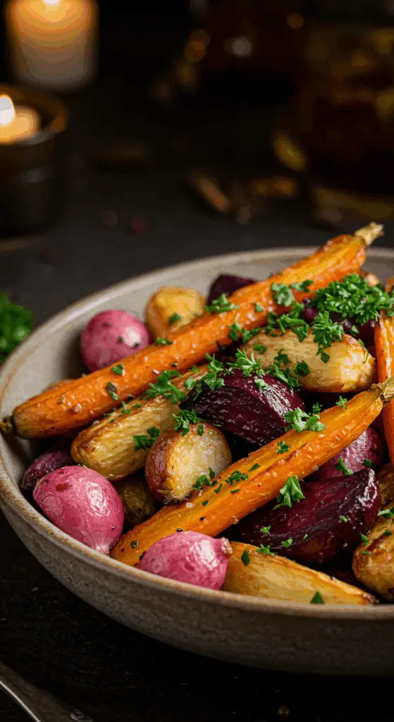 A beautiful, rustic serving bowl of homemade, easy, and elegant Roasted Winter Vegetables, with deep, caramelized edges and fresh parsley.