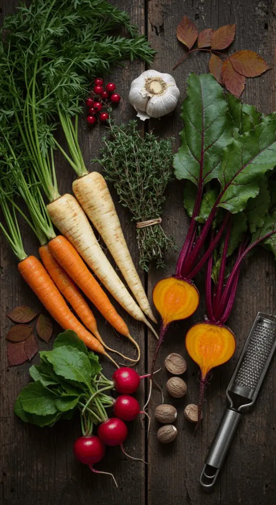 The simple, from-scratch ingredients for the classic and impressive Holiday Roasted Winter Vegetables.