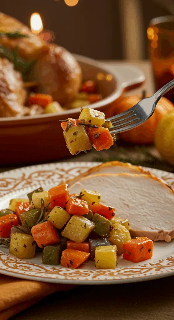 A beautiful plate of a homemade, elegant, and caramelized Roasted Winter Vegetables, being served with a thick slice of a roasted turkey at a Thanksgiving dinner.