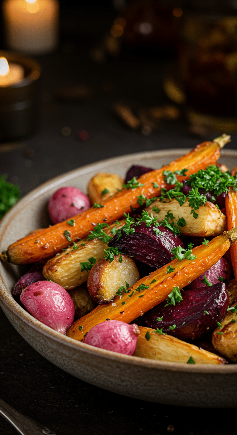 A beautiful, rustic serving bowl of homemade, easy, and elegant Roasted Winter Vegetables, with deep, caramelized edges and fresh parsley.