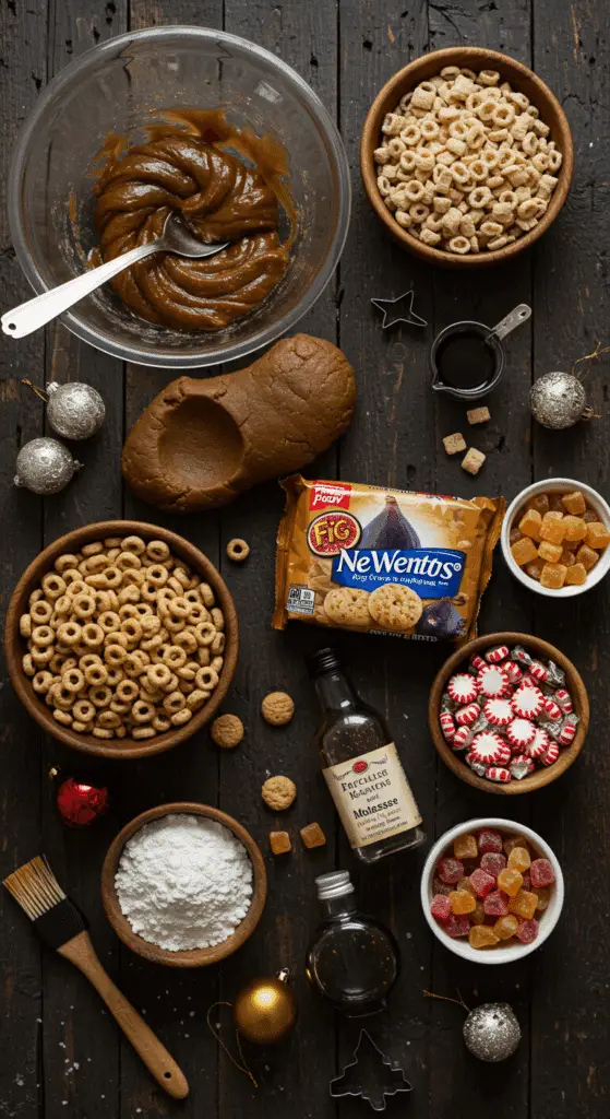 The simple, from-scratch ingredients and the fun, festive decorating components for the easy and festive Salted Caramel Gingerbread House.