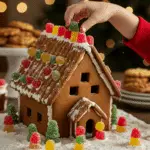 The whole, homemade, festive, and decorated Salted Caramel Gingerbread House being served as the centerpiece at a fun and casual Christmas party.