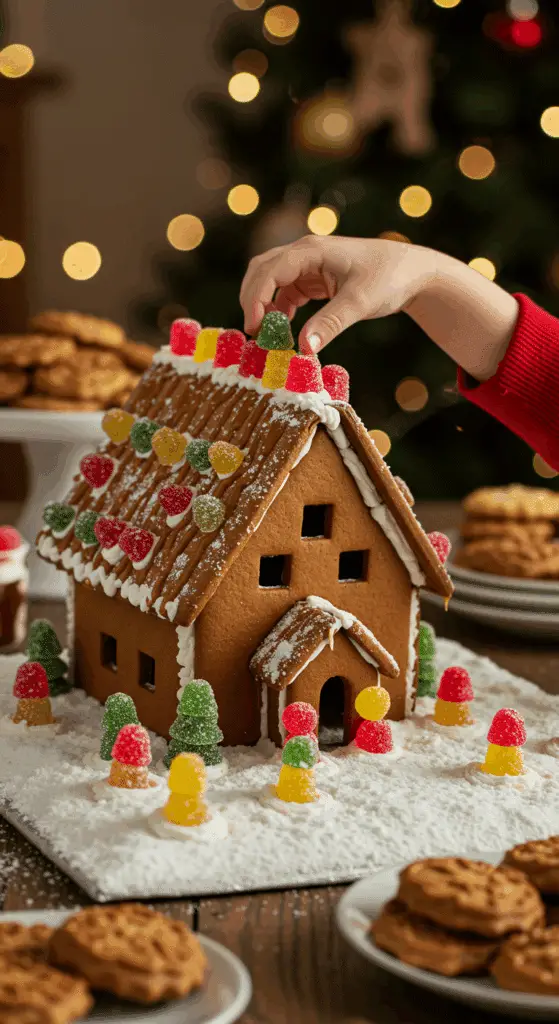 The whole, homemade, festive, and decorated Salted Caramel Gingerbread House being served as the centerpiece at a fun and casual Christmas party.