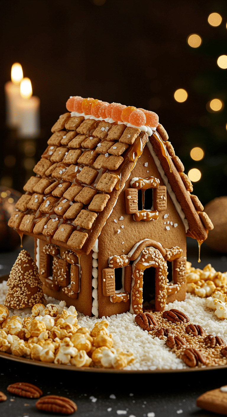 A beautiful, rustic, and homemade Salted Caramel Gingerbread House, with a shredded wheat roof, Fig Newton shutters, and a glistening, salted caramel mortar. SEO Filname: ultimate-salted-caramel-gingerbread-house-holiday-showstopper-