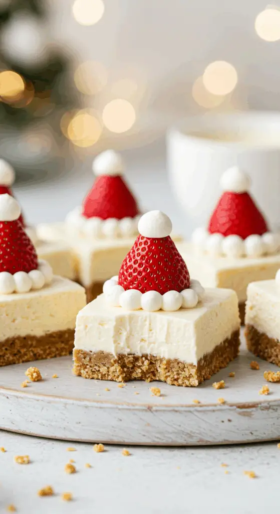 A beautiful, rustic platter of homemade, festive, and cute No-Bake Santa Hat Cheesecake Bars, with a crispy treat crust, a creamy cheesecake filling, and a strawberry Santa hat.