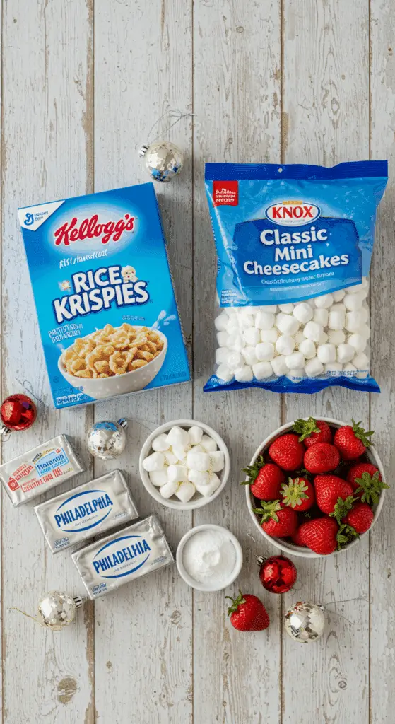 The simple, from-scratch ingredients for the easy and festive No-Bake Santa Hat Cheesecake Bars.