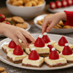 A large platter of homemade, cute, and festive Santa Hat Cheesecake Bars being served at a fun and casual Christmas party.
