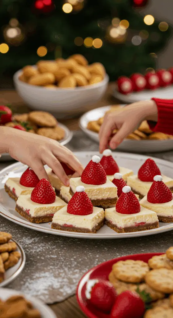 A large platter of homemade, cute, and festive Santa Hat Cheesecake Bars being served at a fun and casual Christmas party.