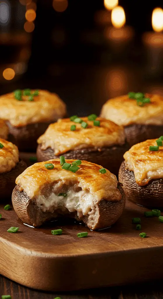 A beautiful, rustic platter of homemade, easy, and elegant Sausage-Stuffed Mushrooms, with a golden-brown, bubbly cream cheese and sausage filling.