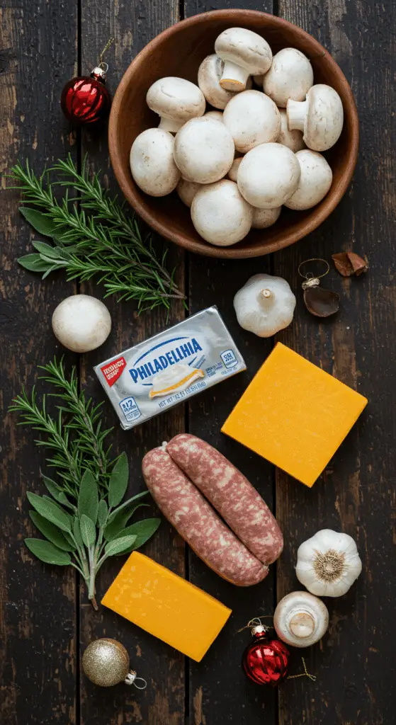 The simple, from-scratch ingredients for the classic and impressive Holiday Sausage-Stuffed Mushrooms.