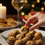 The impressive, homemade platter of crispy and creamy Sausage-Stuffed Mushrooms being served as the centerpiece at a sophisticated holiday party.