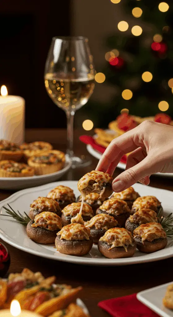 The impressive, homemade platter of crispy and creamy Sausage-Stuffed Mushrooms being served as the centerpiece at a sophisticated holiday party.