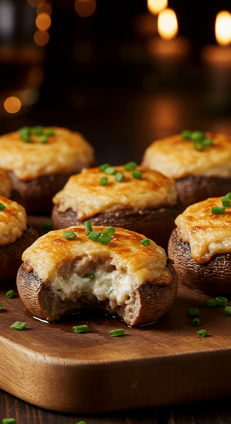 A beautiful, rustic platter of homemade, easy, and elegant Sausage-Stuffed Mushrooms, with a golden-brown, bubbly cream cheese and sausage filling.
