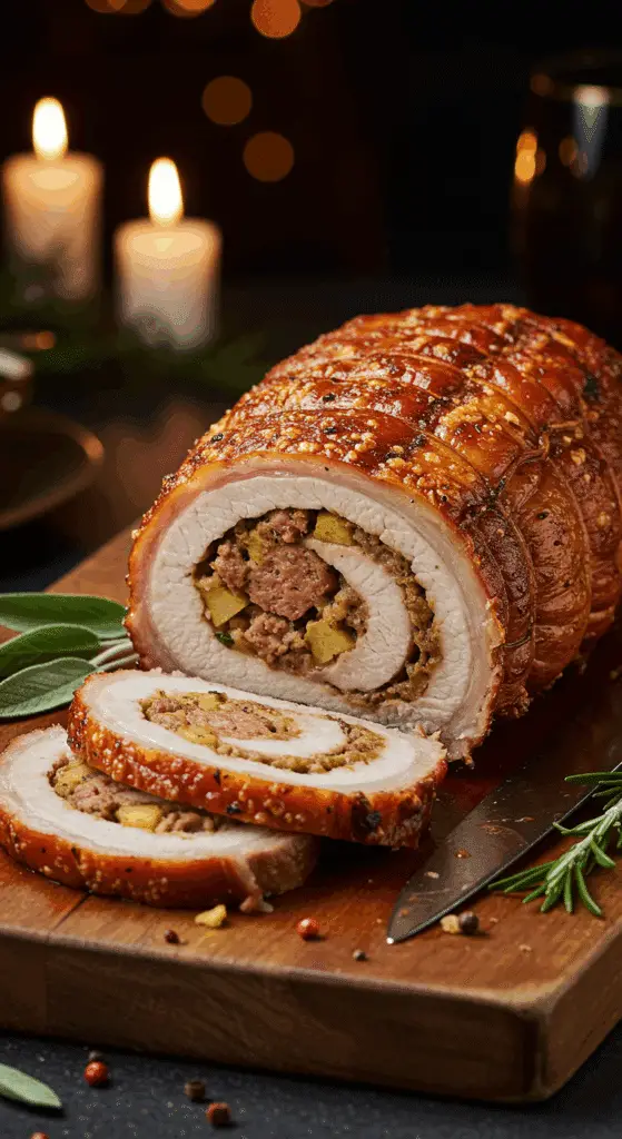 A beautiful, rustic cutting board with a homemade, juicy, and impressive Holiday Stuffed Pork Roast, with a crispy crust and a beautiful, spiral-stuffed slice cut from the end.