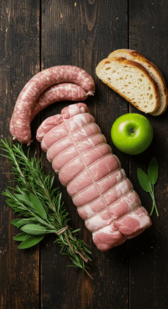 The simple, from-scratch ingredients for the classic and impressive Holiday Stuffed Pork Roast.