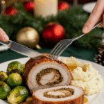 A beautiful plate of a homemade, thick, and juicy, spiral-stuffed slice of a Pork Roast, being served with mashed potatoes and Brussels sprouts at a Christmas dinner.