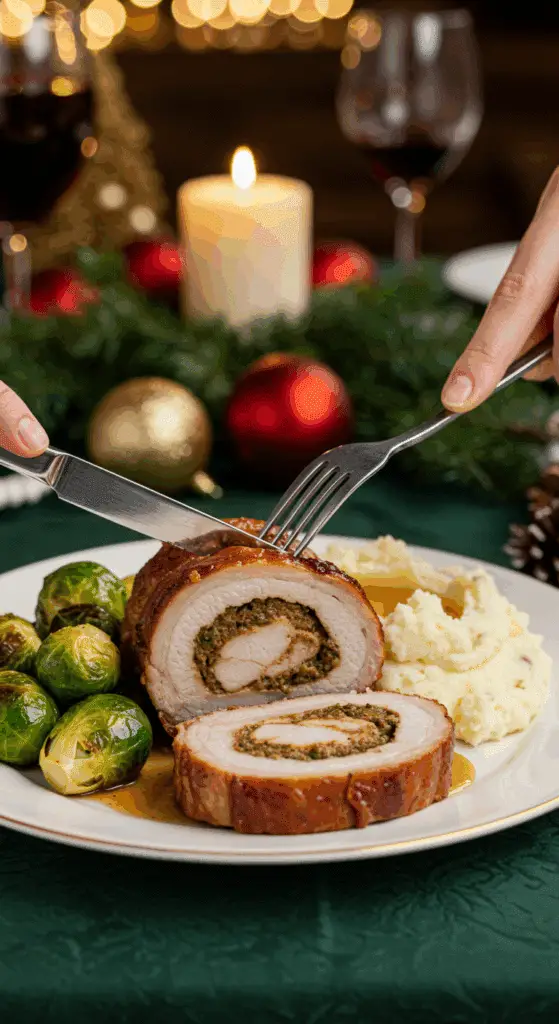 A beautiful plate of a homemade, thick, and juicy, spiral-stuffed slice of a Pork Roast, being served with mashed potatoes and Brussels sprouts at a Christmas dinner.