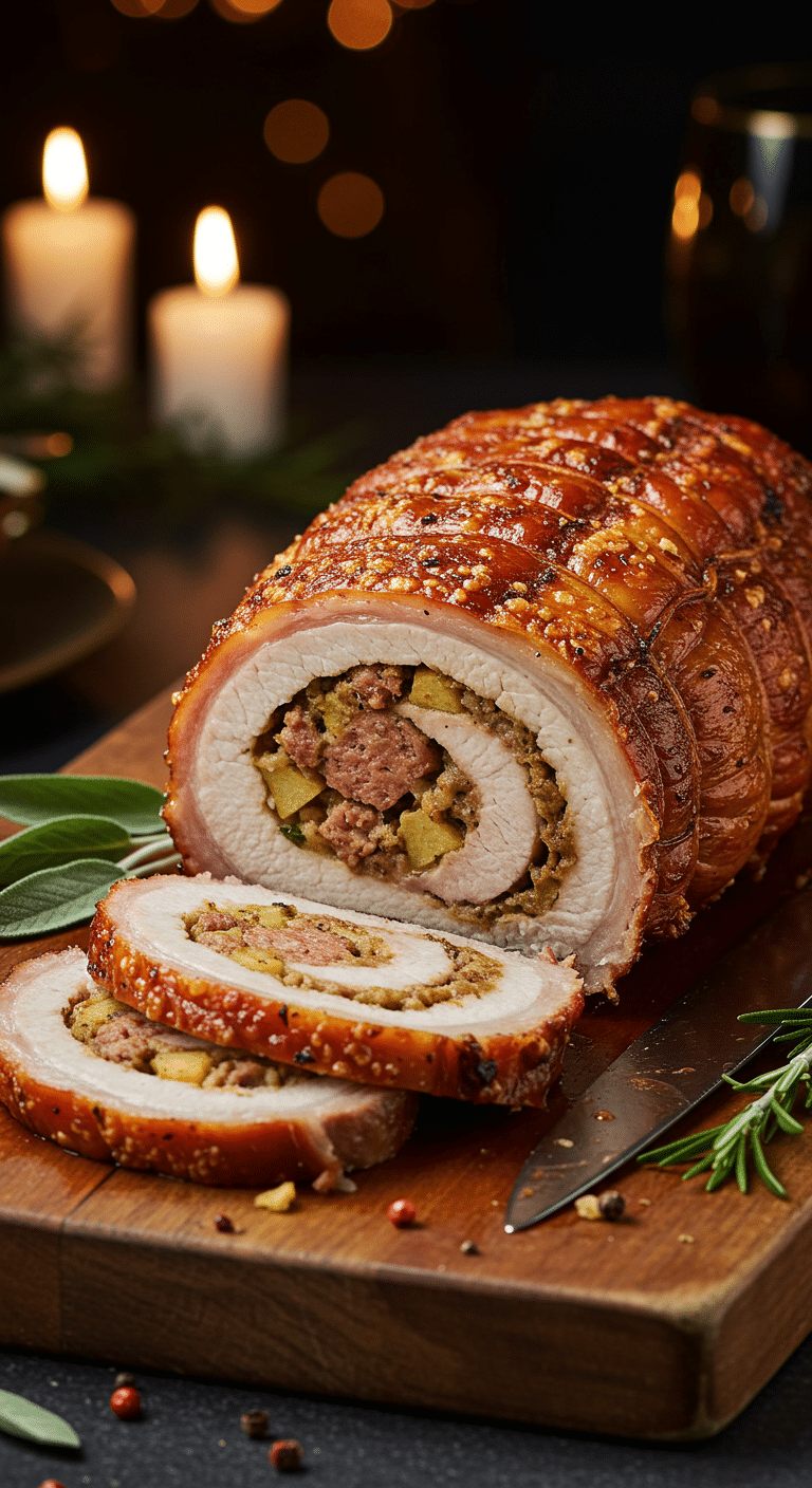 A beautiful, rustic cutting board with a homemade, juicy, and impressive Holiday Stuffed Pork Roast, with a crispy crust and a beautiful, spiral-stuffed slice cut from the end.