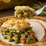 A beautiful plate of a homemade, elegant, and biscuit-topped Green Bean Cobbler, being served with a thick slice of a roasted turkey at a holiday dinner.