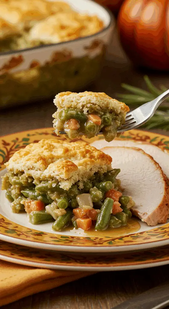 A beautiful plate of a homemade, elegant, and biscuit-topped Green Bean Cobbler, being served with a thick slice of a roasted turkey at a holiday dinner.