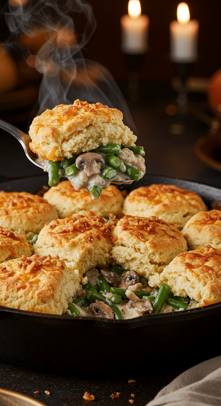 A beautiful, rustic cast-iron skillet of a homemade, golden-brown Savory Green Bean Cobbler, with a creamy filling and a crispy fried onion topping.