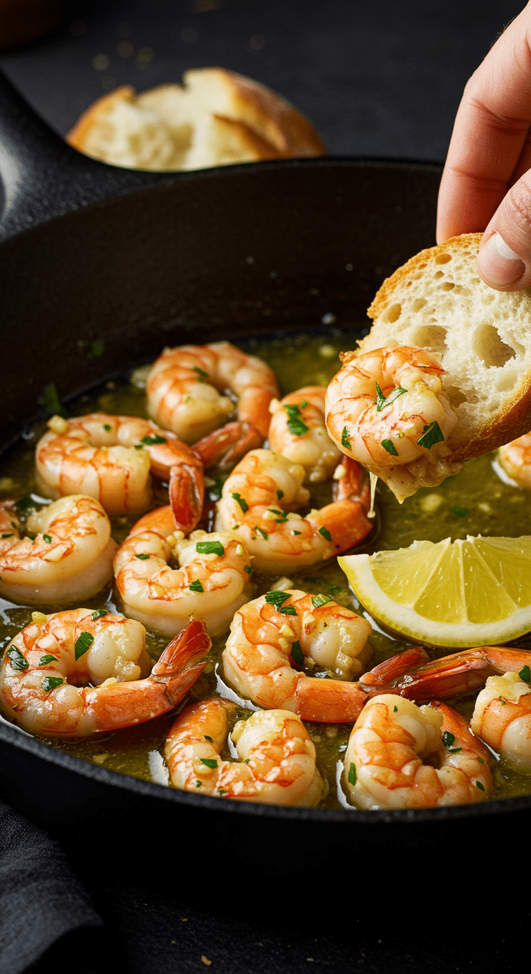 A beautiful, rustic cast-iron skillet of homemade, easy, and classic Shrimp Scampi, with plump shrimp glistening in a glossy, garlic-butter and white wine sauce.