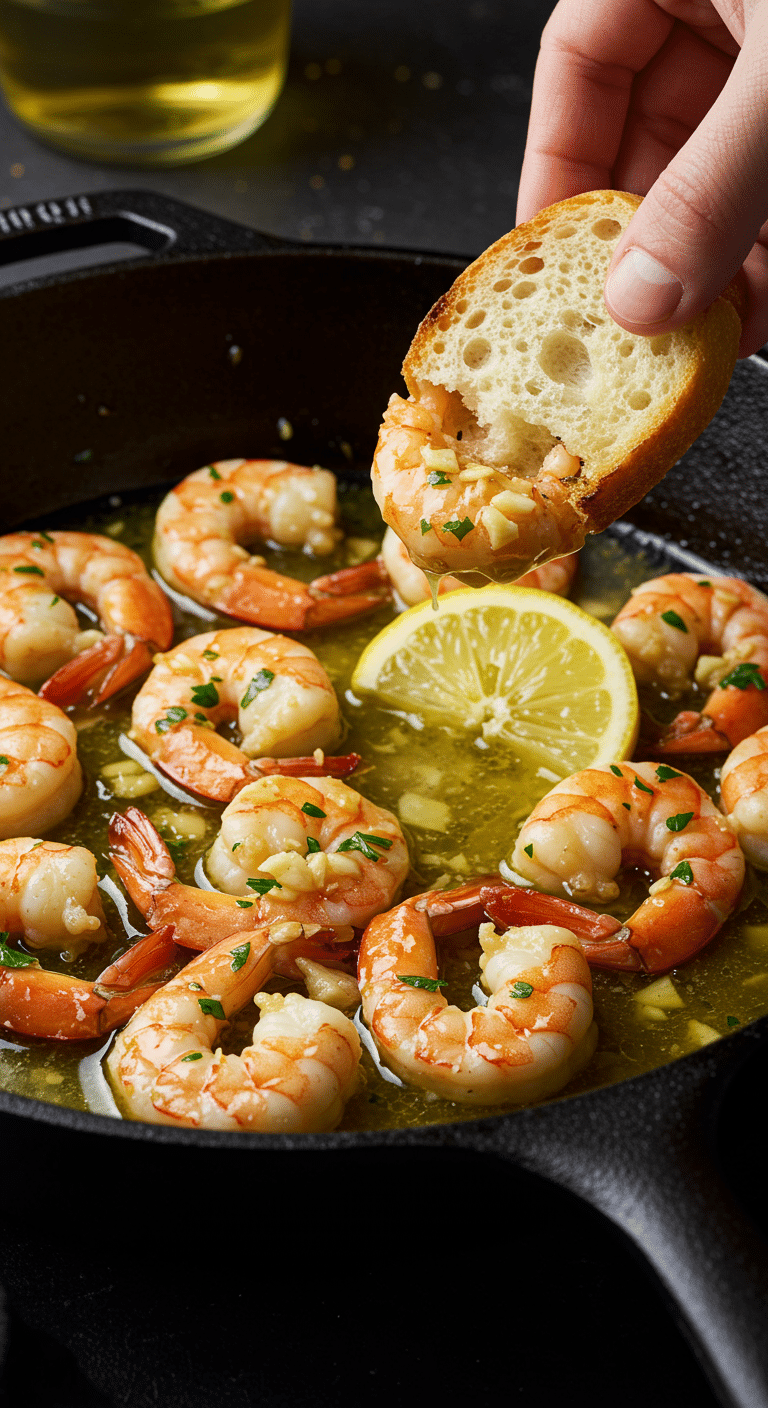 A beautiful, rustic cast-iron skillet of homemade, easy, and classic Shrimp Scampi, with plump shrimp glistening in a glossy, garlic-butter and white wine sauce.