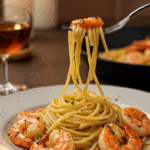 An elegant plate of homemade, saucy Shrimp Scampi served over a bed of angel hair pasta for a sophisticated, candlelit dinner.