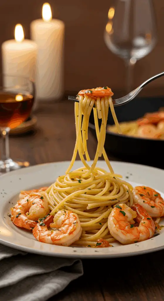 An elegant plate of homemade, saucy Shrimp Scampi served over a bed of angel hair pasta for a sophisticated, candlelit dinner.