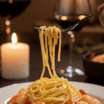 An elegant plate of homemade, saucy Shrimp Scampi served over a bed of angel hair pasta for a sophisticated, candlelit dinner.