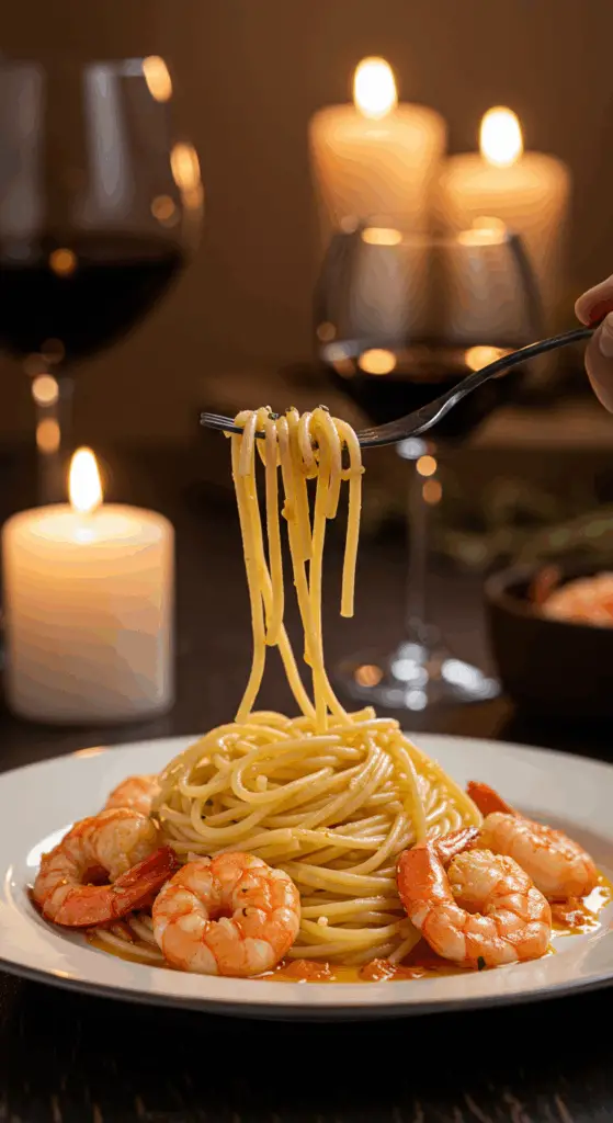 An elegant plate of homemade, saucy Shrimp Scampi served over a bed of angel hair pasta for a sophisticated, candlelit dinner.