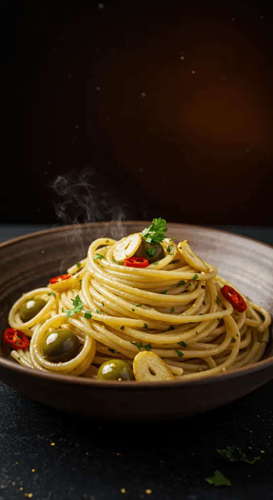 A beautiful, rustic bowl of homemade, creamy, and authentic Spaghetti Aglio e Olio, with a luscious, non-greasy garlic and oil sauce