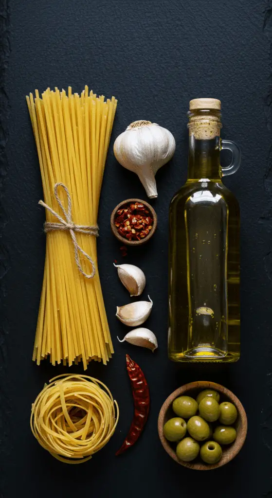 The simple, from-scratch, high-quality ingredients for the classic and authentic Spaghetti Aglio e Olio recipe.