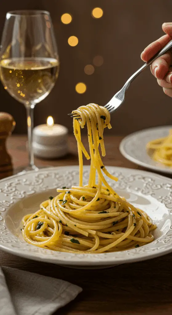 An elegant plate of homemade, creamy Spaghetti Aglio e Olio being enjoyed for a sophisticated and romantic, candlelit dinner.