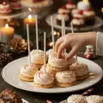 A large platter of homemade, sparkling, and festive Meringue Lollipops being served at a fun and elegant holiday party.