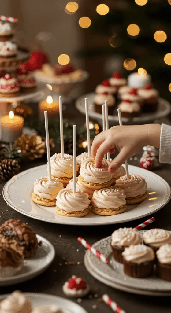 A large platter of homemade, sparkling, and festive Meringue Lollipops being served at a fun and elegant holiday party.