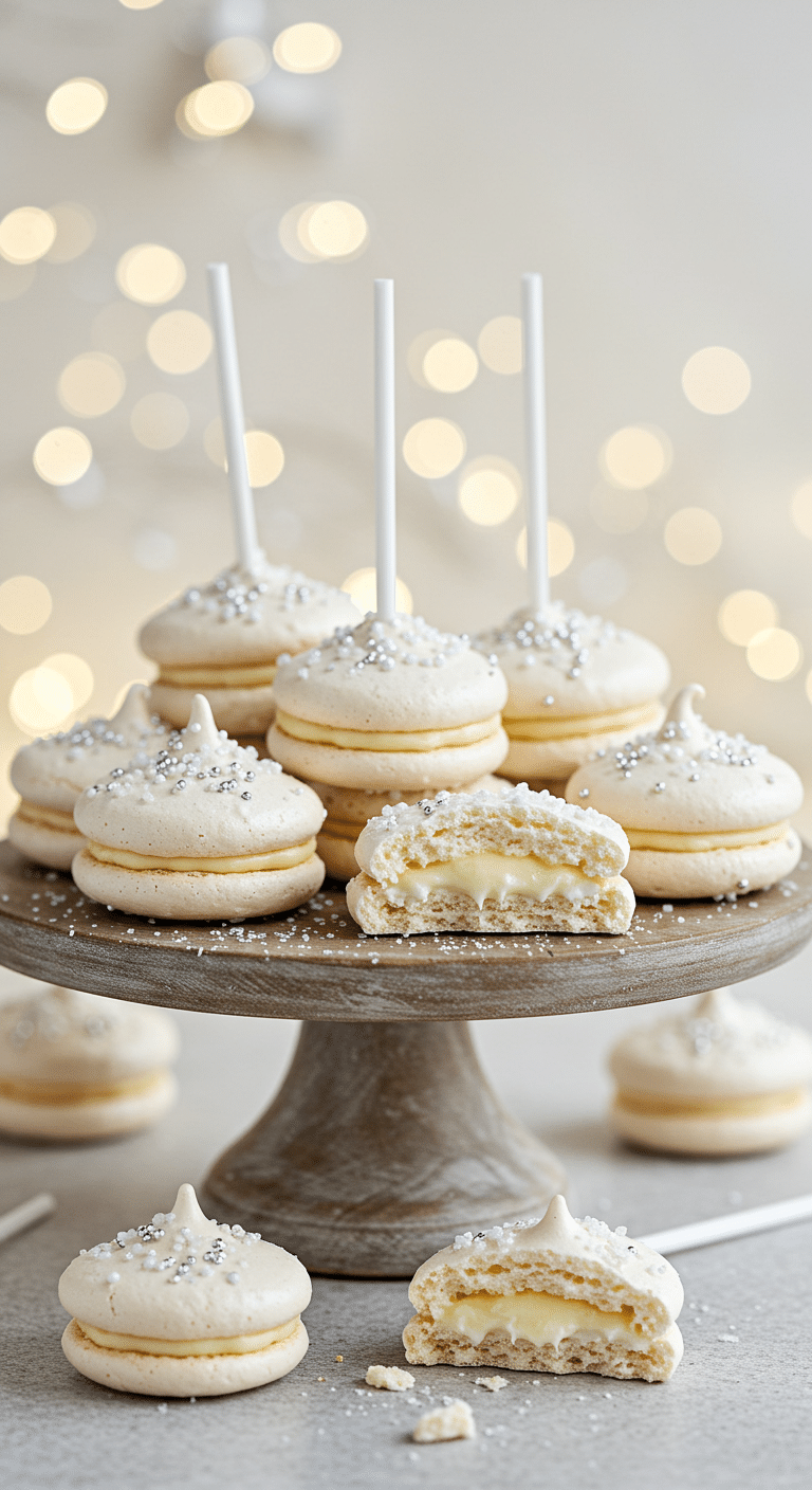 A beautiful, elegant platter of homemade, festive, and sparkling Meringue Lollipops, with a crisp, white meringue and a creamy white chocolate filling.