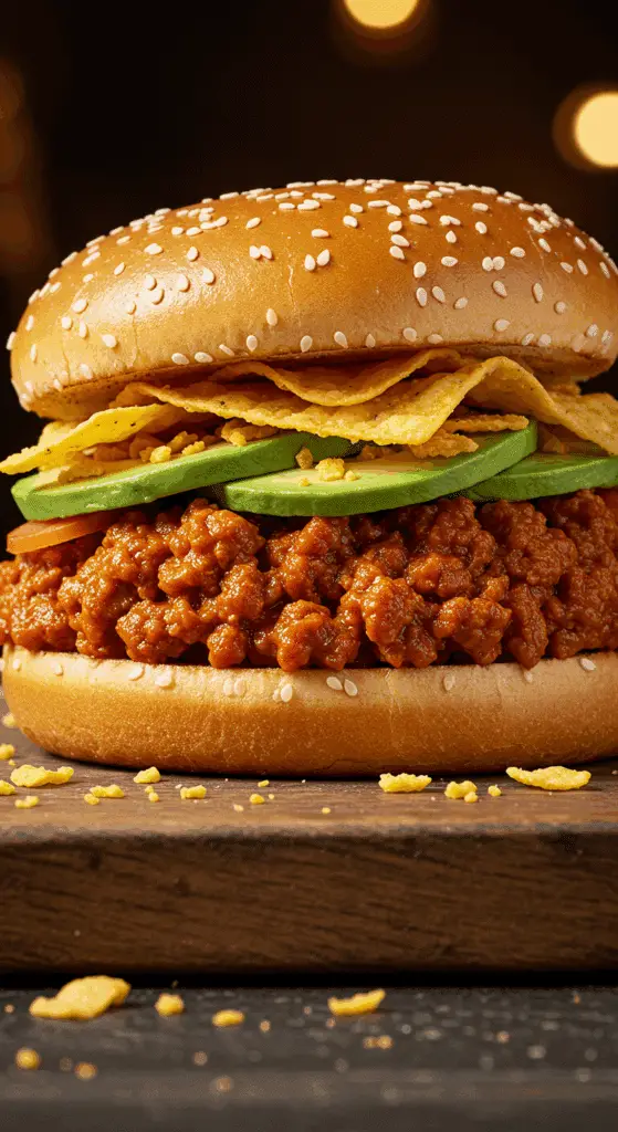 A beautiful, rustic wooden board with a single, homemade, and messy Chorizo Sloppy Joe, piled high with a saucy red chorizo filling, creamy avocado, and crunchy corn chips.