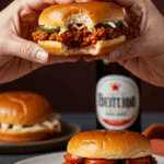 A pair of hands holding a messy, homemade Chorizo Sloppy Joe with a bite taken out, at a fun and casual dinner.
