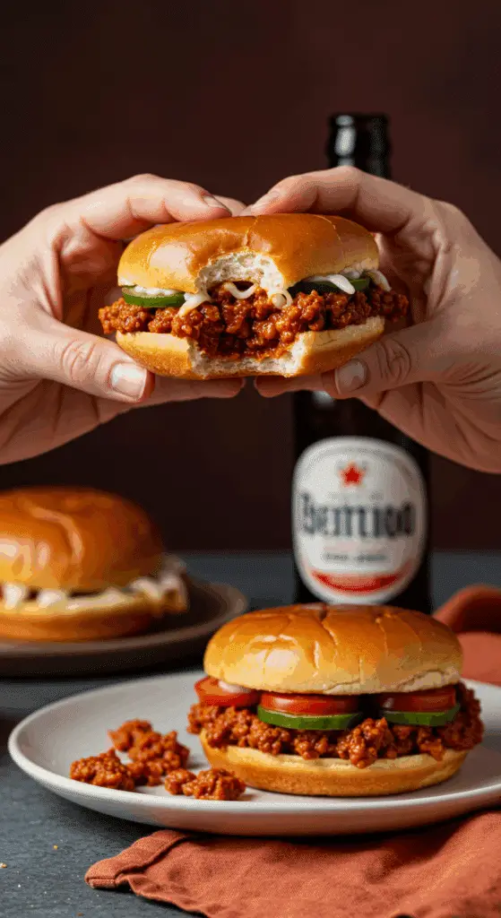 A pair of hands holding a messy, homemade Chorizo Sloppy Joe with a bite taken out, at a fun and casual dinner.