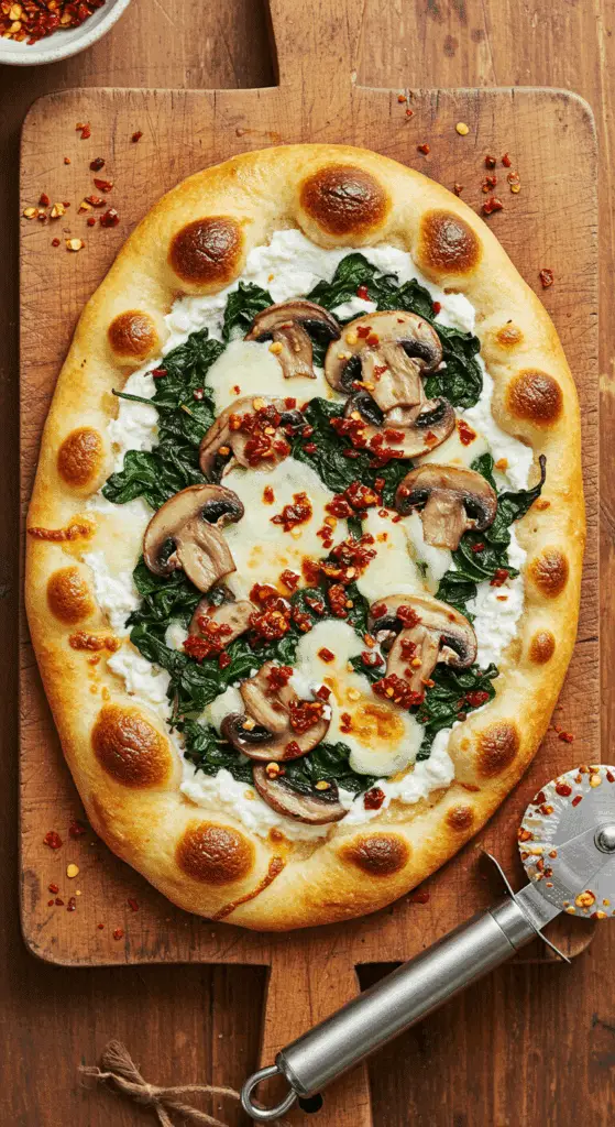 A beautiful, overhead shot of a homemade, crispy Spinach and Mushroom Naan Pizza, with a gooey, cheesy topping and a drizzle of chili onion crunch.