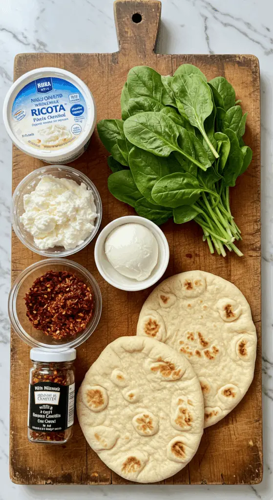 The simple, fresh ingredients for the easy and quick Spinach and Mushroom Naan Pizza recipe.