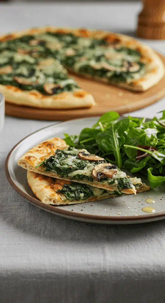 A beautiful plate of homemade, crispy and cheesy Spinach and Mushroom Naan Pizza being served for a casual family dinner.