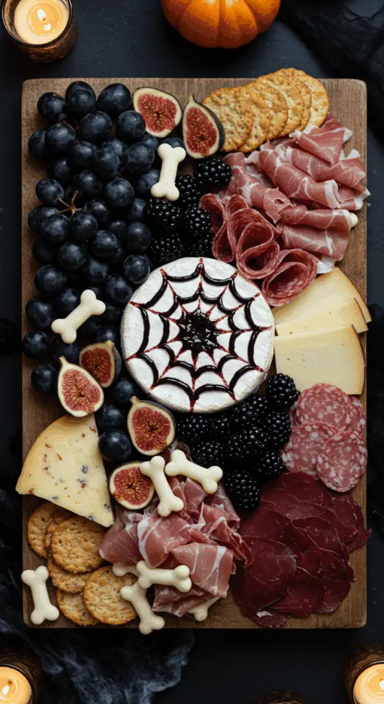 A beautiful, overhead shot of a homemade, spooky Halloween Charcuterie Board, with a spiderweb-decorated Brie, edible pretzel bones, and a variety of dark-colored meats and fruits.