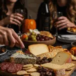 The whole, homemade, spooky, and abundant Halloween Charcuterie Board being served as the centerpiece at a fun and sophisticated Halloween party.