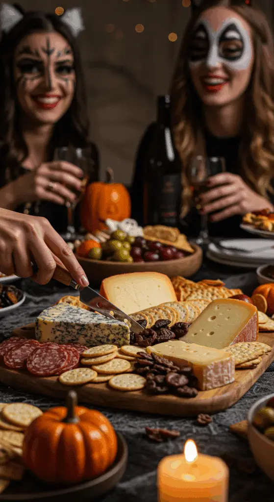 The whole, homemade, spooky, and abundant Halloween Charcuterie Board being served as the centerpiece at a fun and sophisticated Halloween party.