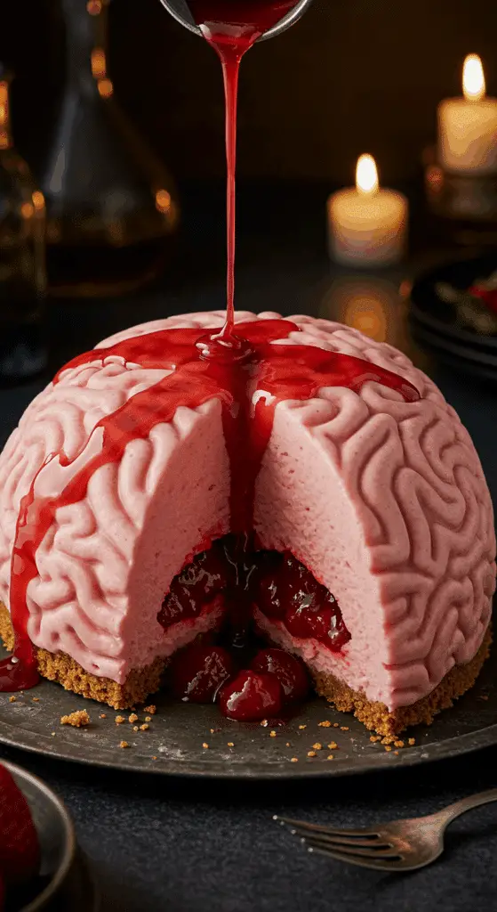 A beautiful, rustic platter with a homemade, spooky, and gory No-Bake Strawberry Cheesecake Brain, with a slice cut to show the hidden strawberry filling.