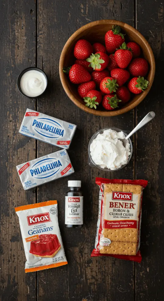 The simple, from-scratch ingredients for the easy and spooky No-Bake Strawberry Cheesecake Brain.
